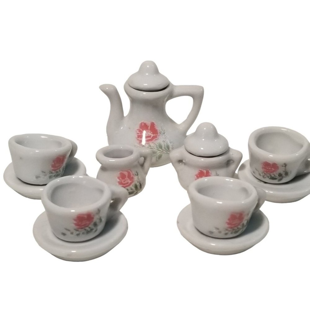 Miniature Tea Set Play Dishes Porcelain Pink Rose Teapot Creamer Sugar Dish Mini - Picture 2 of 11